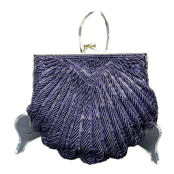 Vintage La Regale Purple Beaded Sequined Clutch Purse Clam Shell Shoulder Bag - Picture 2 of 7